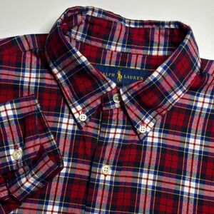Ralph Lauren Red Navy Plaid Men's M Long Sleeve Button Down Cotton Pony Logo